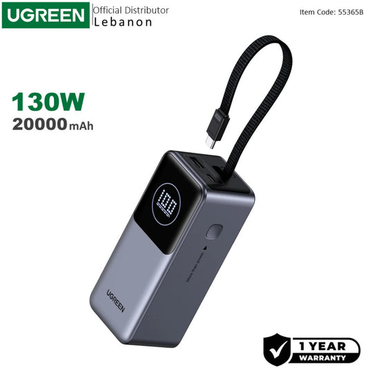 UGREEN Nexode Power Bank 130W 3 Ports 20000 mAh, Built-in USB-C Cable for Laptops, MacBooks, phones, iPads - PB723 55365B