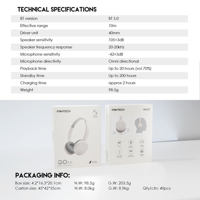 Fantech, Wh02 Go Wireless Headphones, Dual Mode Connection Bt5.0 & 3.5Mm Jack Gaming Headset (Gray), Available in Different Colors