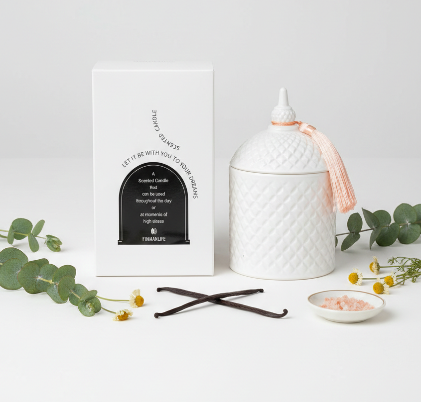 Finmanlife Scented Candle White Diamond Ceramic Jar with Pink Tassel Lid, SK933W