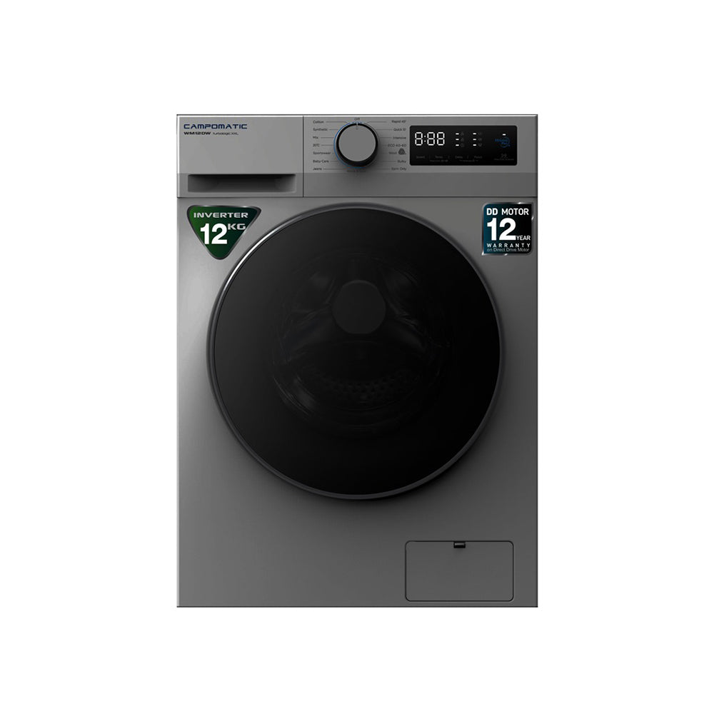 Campomatic Washer 12Kg, 1400RPM, Inverter Toshiba Direct Drive Motor, Titanium Drum, Twin Jet, Antibacterial, Anthracite, Chrome Door, Silver, WM12DS