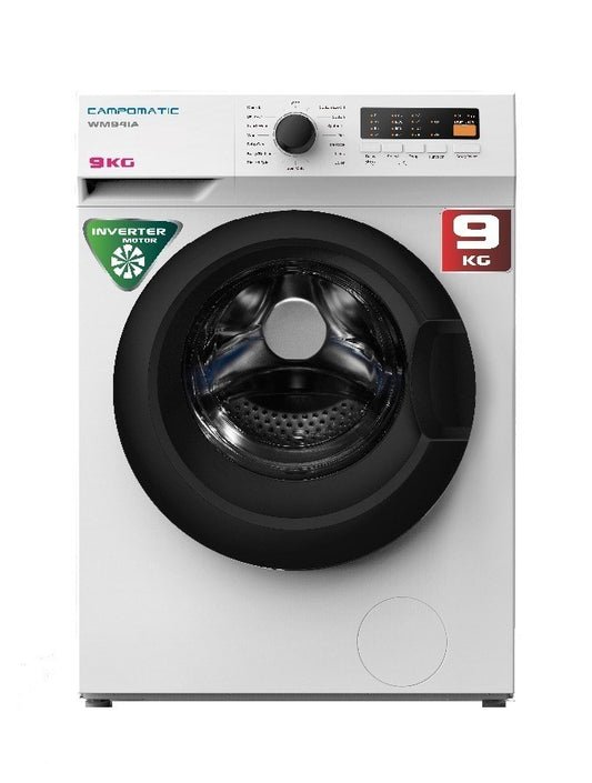Campomatic, Washer, 9Kg, 1400Rpm, White, Large Digital Display, White Body, Black Tinted Door, Auto Restart, Steam Function Inverter