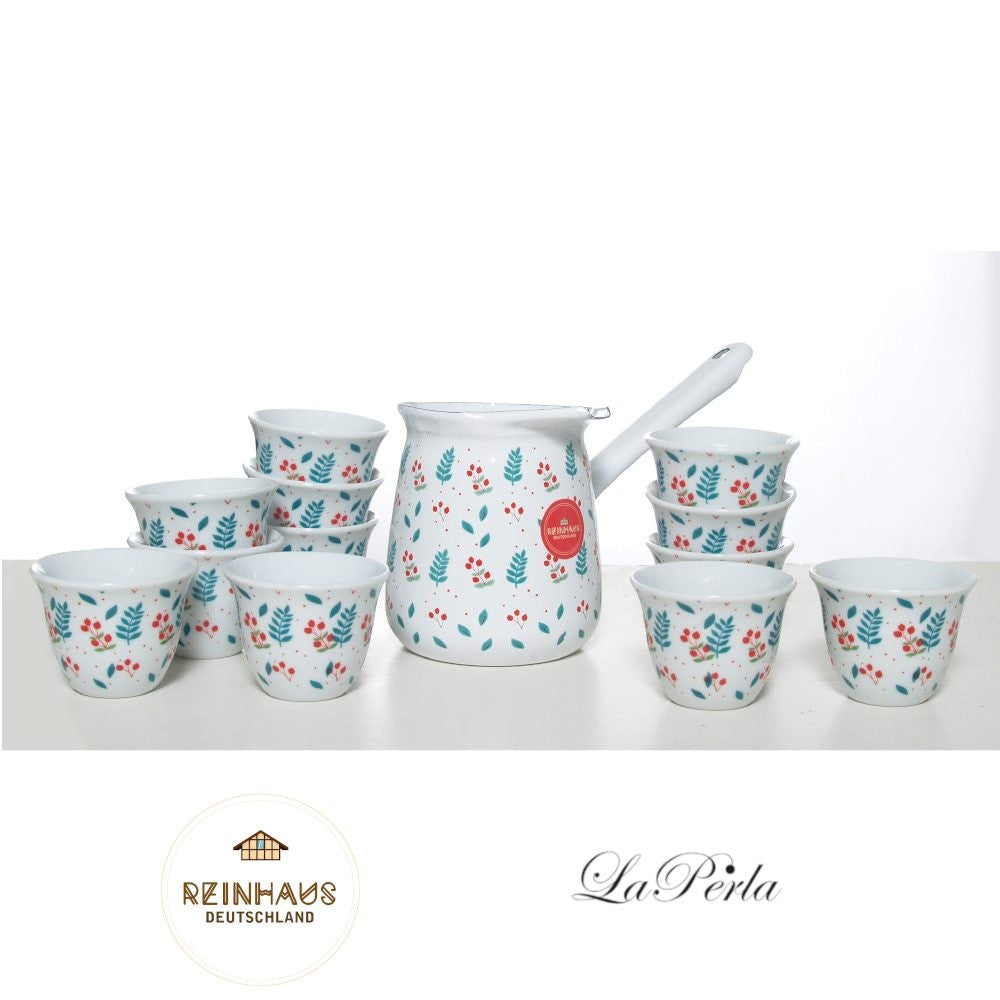 Reinhaus, Enamel Coffee Kettle / Coffee Pot / Milk Pot / Turkish Coffee Kettle / Greek Coffee Kettle / Arabic Coffee Kettle 680ml and La Perla, 12 Pieces Porcelain Espresso / Turkish / Arabic / Greek Cawa Cup Set