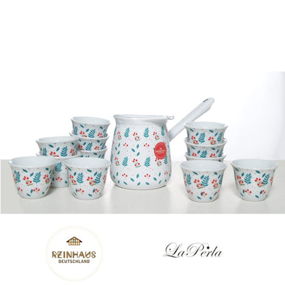 Reinhaus, Enamel Coffee Kettle / Coffee Pot / Milk Pot / Turkish Coffee Kettle / Greek Coffee Kettle / Arabic Coffee Kettle 680ml and La Perla, 12 Pieces Porcelain Espresso / Turkish / Arabic / Greek Cawa Cup Set