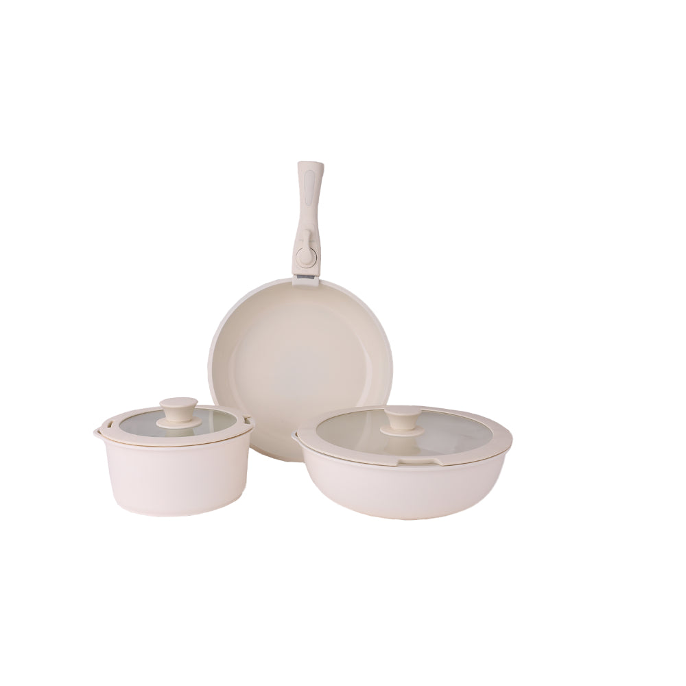 Zilan, Cookware Set 8Pcs Beige Chef, Detachable, 18cm Sauce Pan, 26cm Deep Fry Pan, 26cm Fry Pan, 26-18cm Silicone Glass LID & 2 Kitchen Tools, ZLN0965
