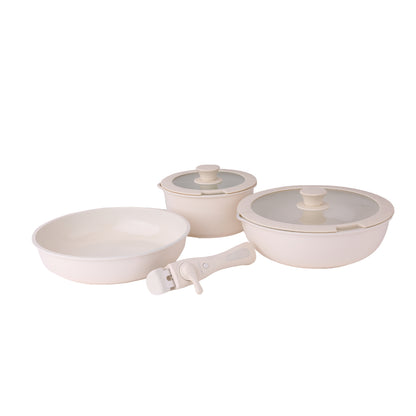 Zilan, Cookware Set 8Pcs Beige Chef, Detachable, 18cm Sauce Pan, 26cm Deep Fry Pan, 26cm Fry Pan, 26-18cm Silicone Glass LID & 2 Kitchen Tools, ZLN0965